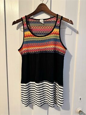 Sun n Moon Multicolor Patterned Tank with Black Midsection and Striped Hem